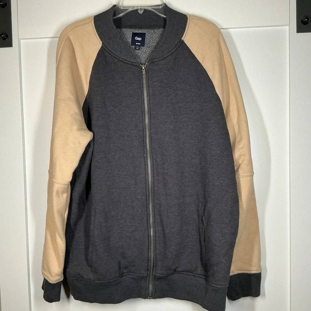 GAP Full-Zip Raglan Bomber Jacket XXL Gray‎ With Tan Sleeves Colorblock Cotton